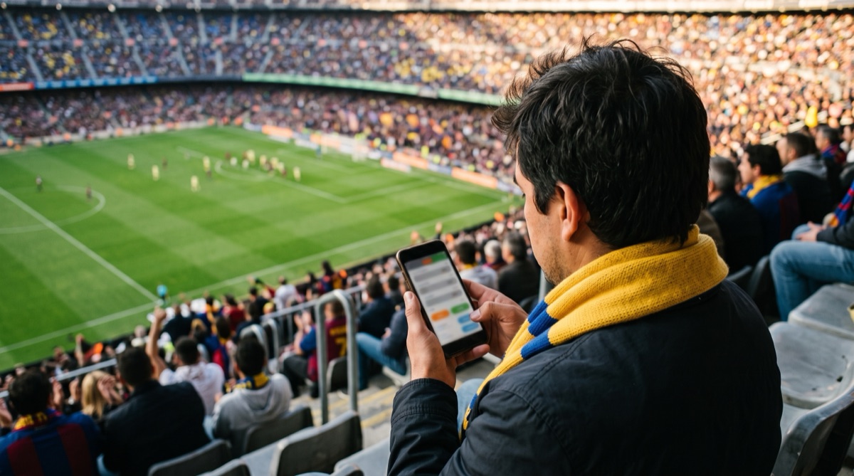 Aficionado consultando momios en el celular durante un partido de la Liga MX