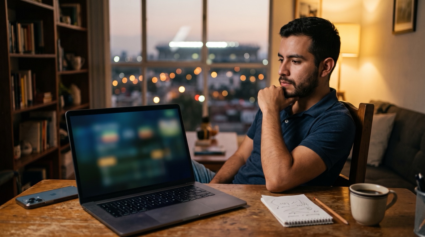Apostador mexicano revisando cuotas en una laptop por la noche, con la ciudad y un estadio iluminado al fondo