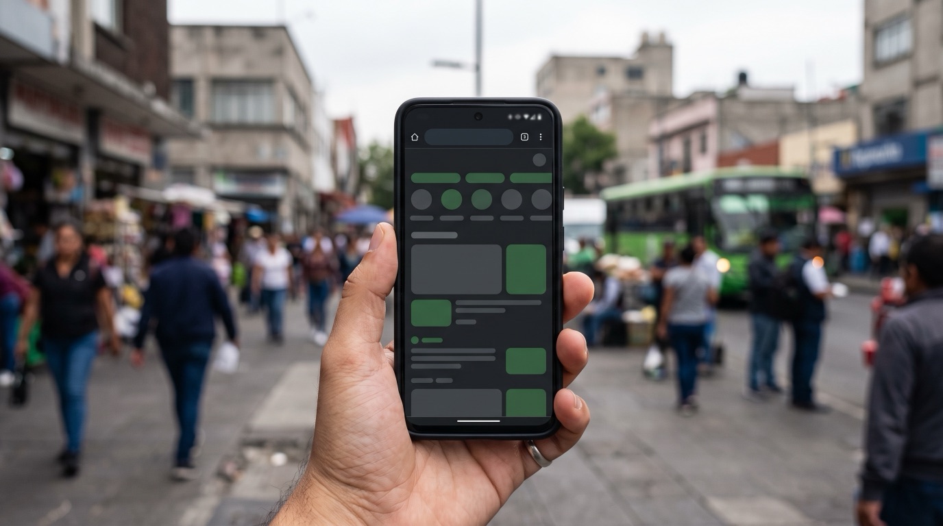 Mano sosteniendo un teléfono con la versión móvil de un sitio de apuestas abierta en el navegador, en una calle mexicana