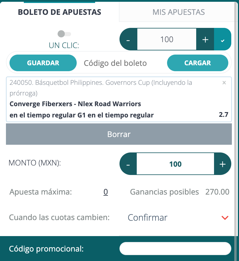 Boleto de apuestas de basquetbol en 22Bet con monto y ganancia posible