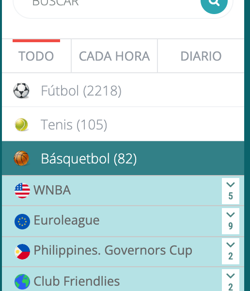 Menú lateral de deportes de 22Bet con Básquetbol seleccionado