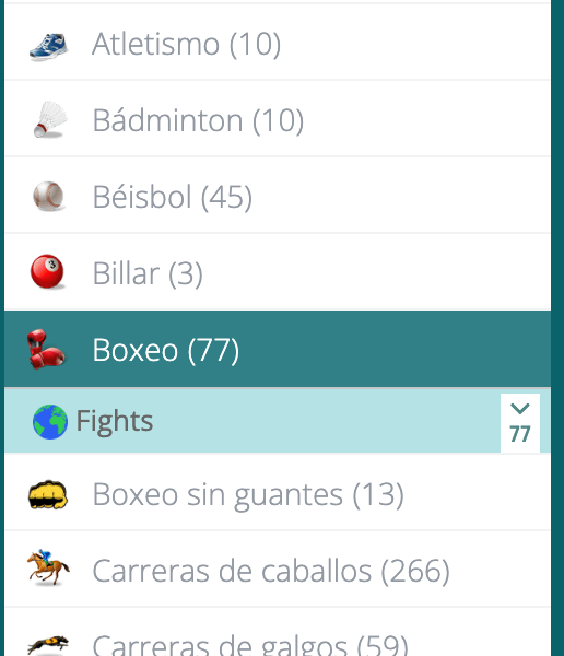 Menú lateral de deportes de 22Bet con Boxeo seleccionado