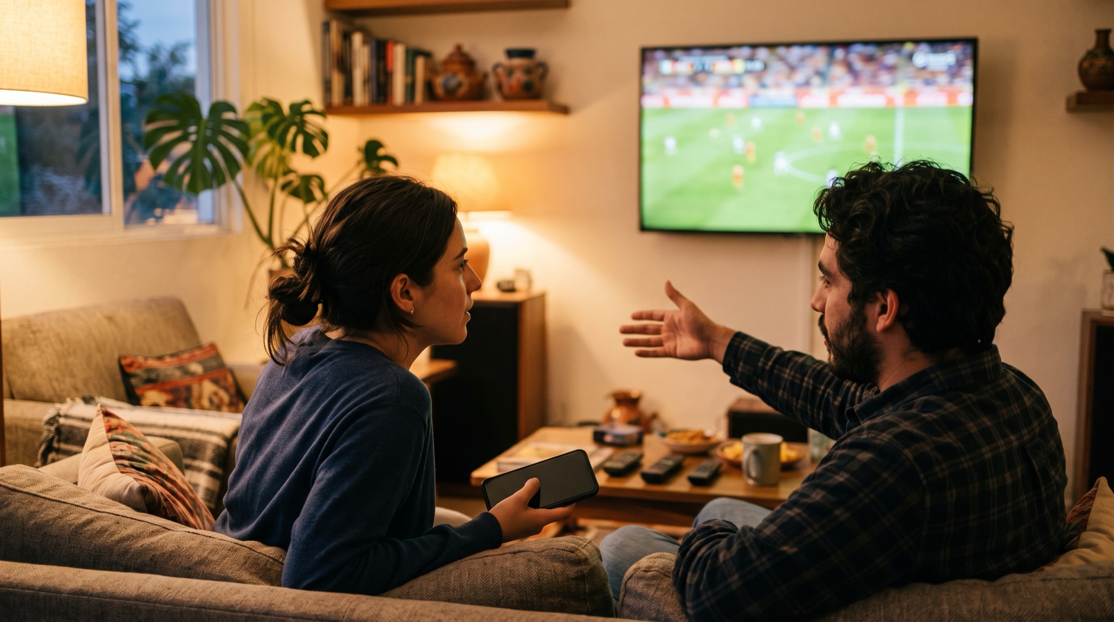 Aficionados viendo un partido de futbol en casa mientras revisan momios en el celular