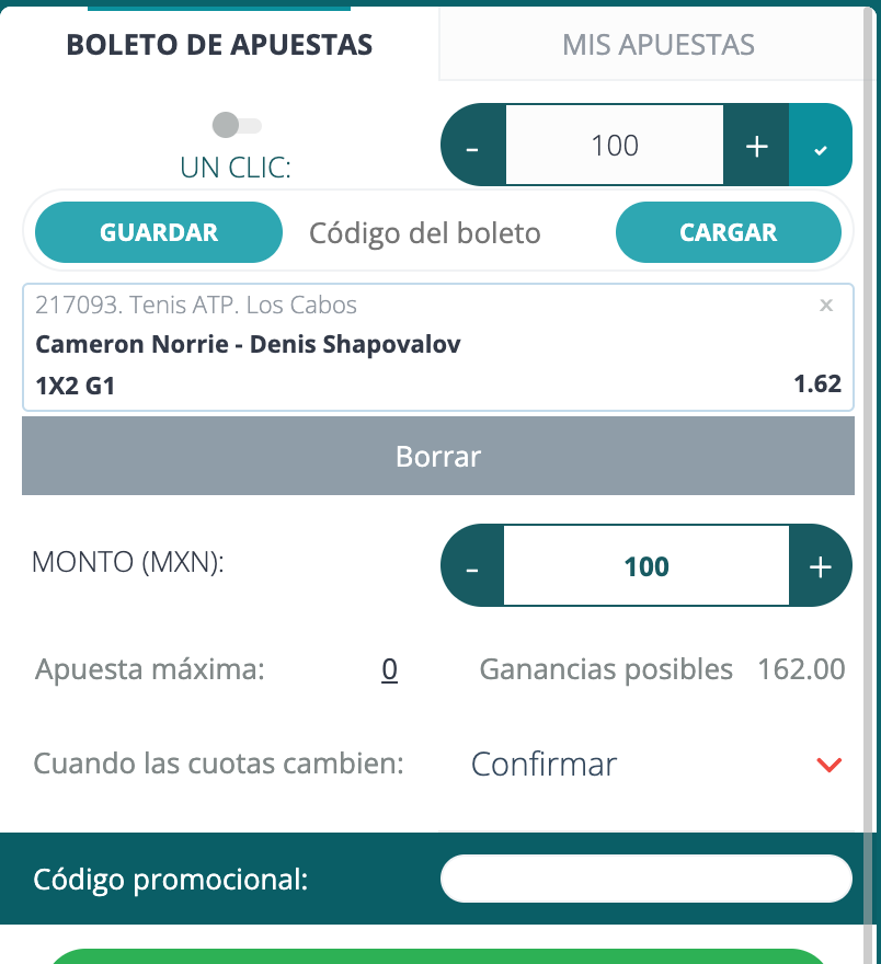 Boleto de apuestas de tenis en 22Bet con monto y ganancia posible