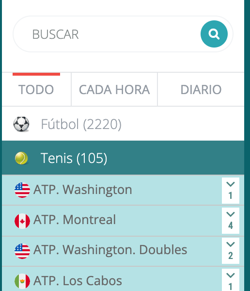 Menú lateral de deportes de 22Bet con Tenis seleccionado y sus torneos