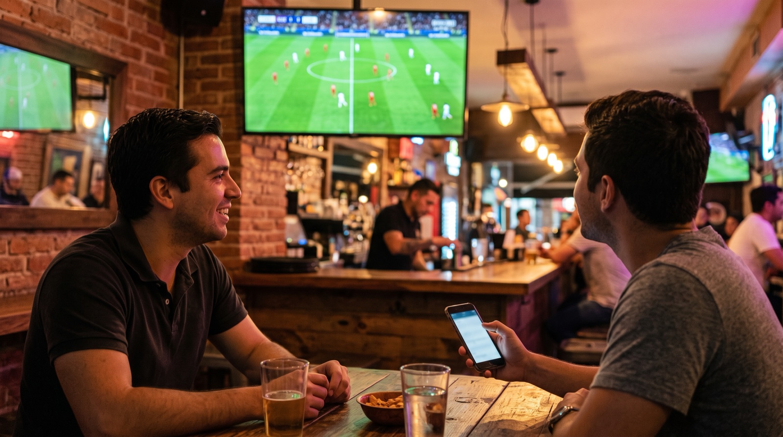 Dos amigos ven un partido de futbol en un bar deportivo mientras uno consulta su celular