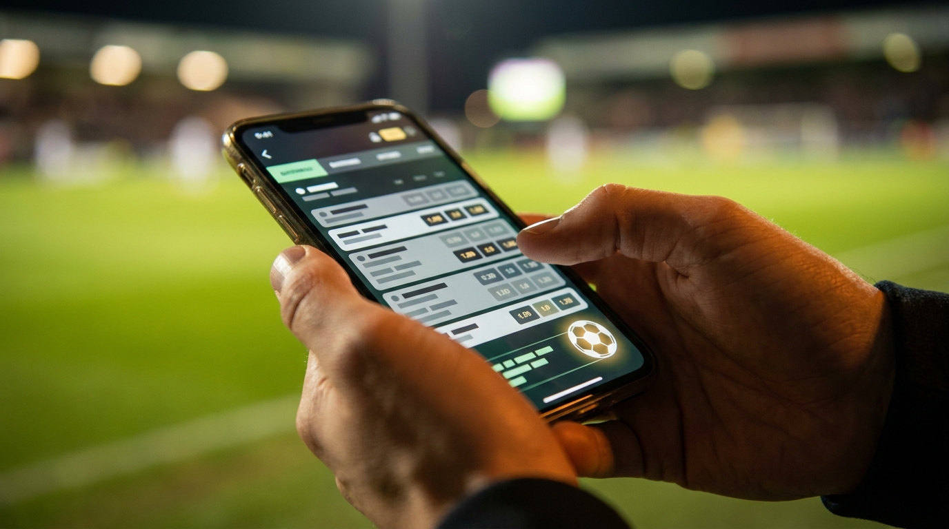 Manos con un celular mostrando un boleto de apuestas deportivas en un estadio
