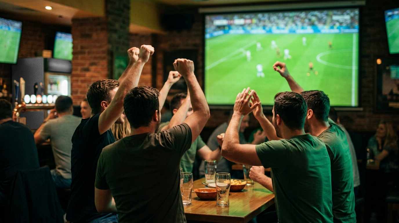 Aficionados celebrando en un bar mientras ven un partido de futbol en vivo
