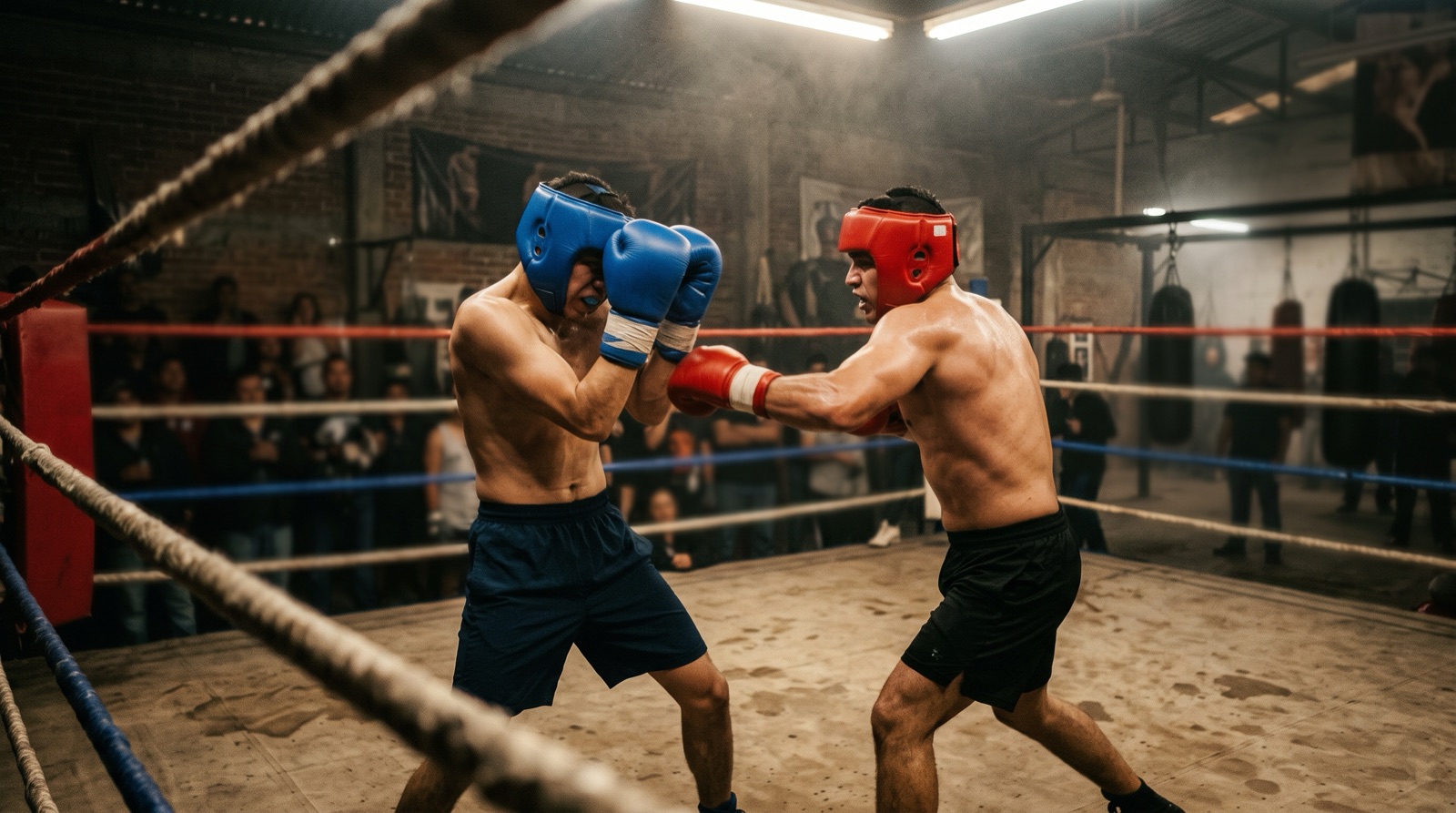 Dos boxeadores intercambian golpes en un ring de gimnasio en México