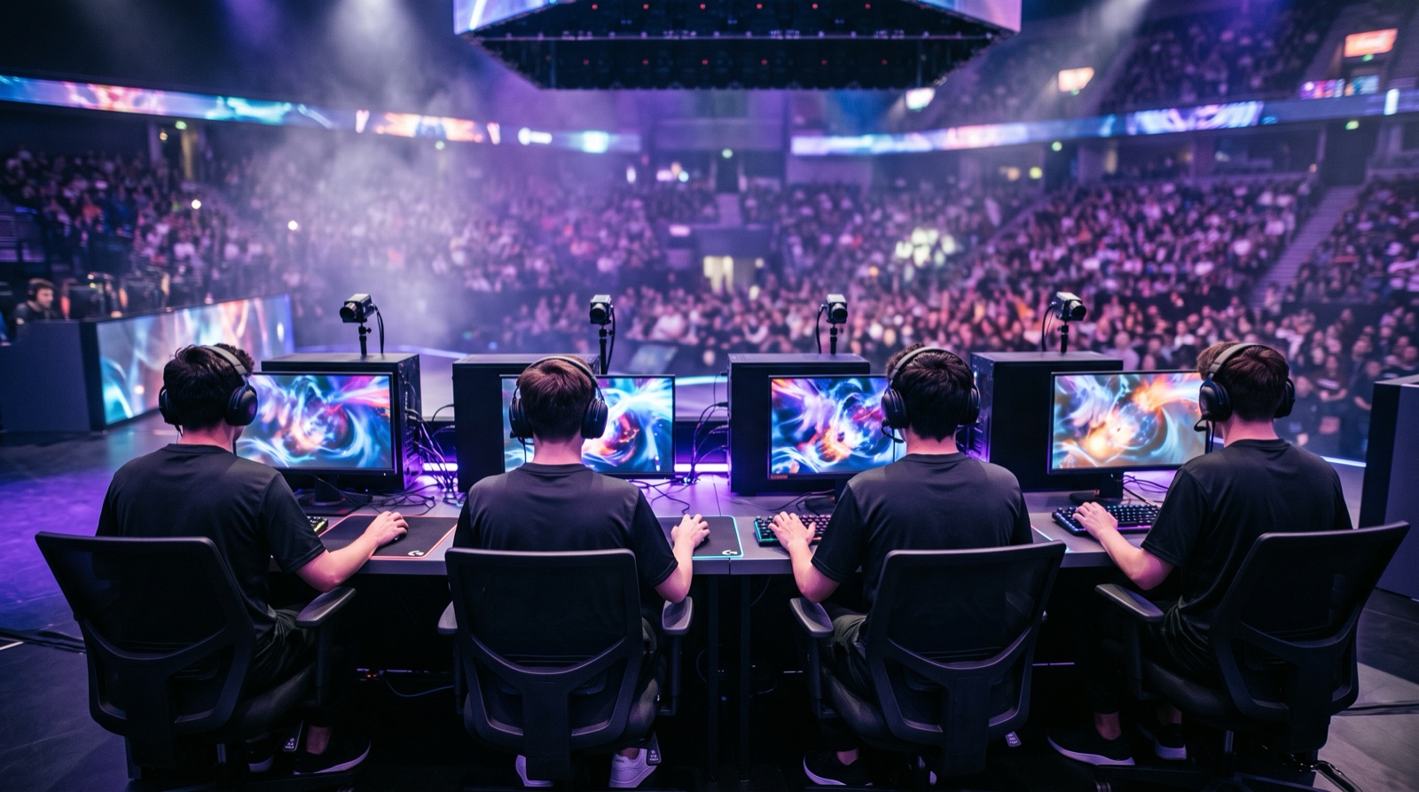 Equipo de eSports compitiendo en el escenario de un torneo ante el público