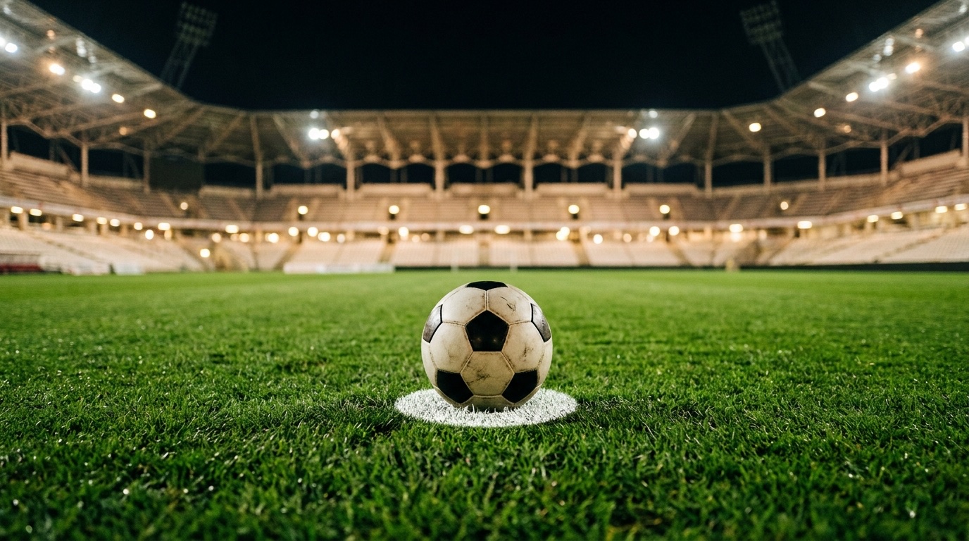 Balón de fútbol en el punto penal de un estadio iluminado