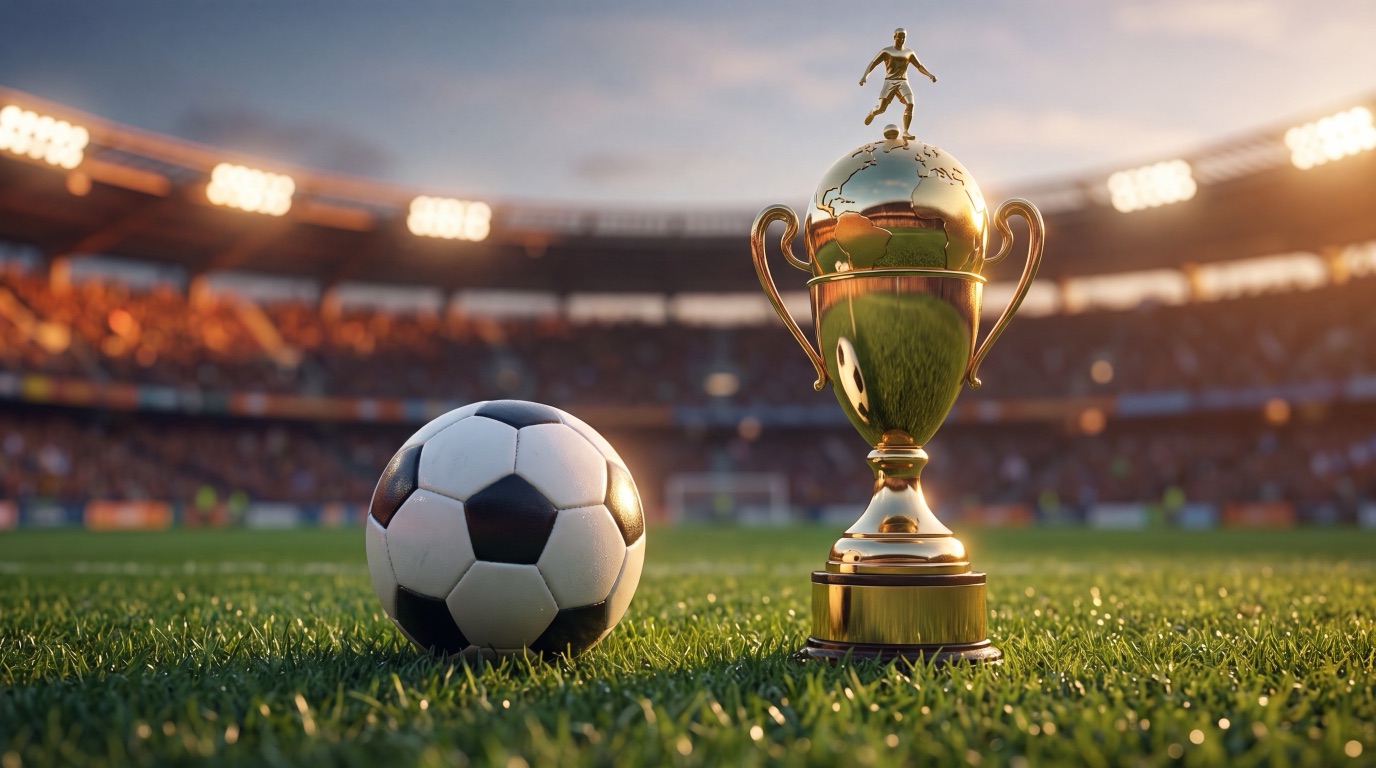 Trofeo dorado y balon en la cancha antes del Campeón de Campeonas 2026 de la Liga MX Femenil