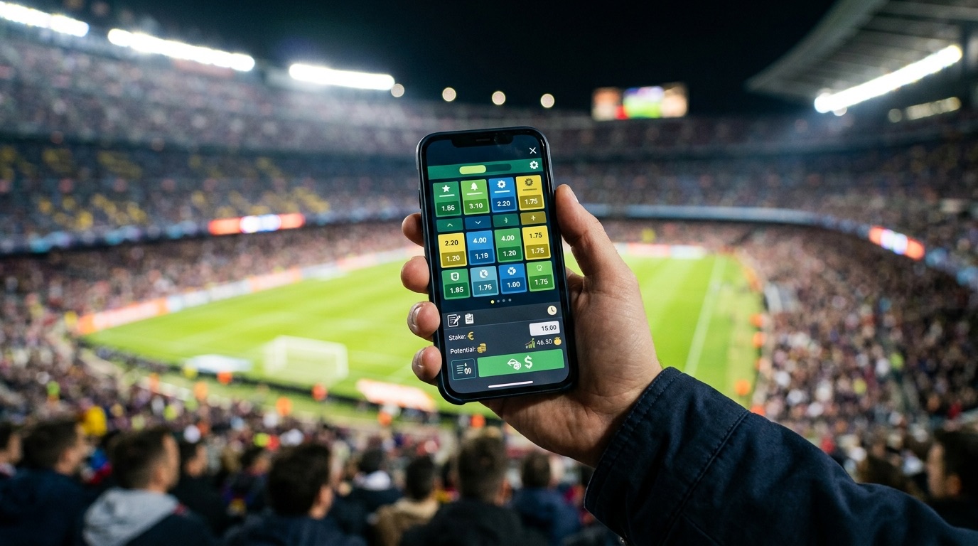 Mano sosteniendo un celular con una app de apuestas deportivas en un estadio
