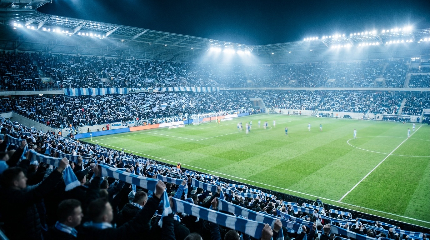 Estadio de fútbol de noche con hinchada, casas de apuestas deportivas en Argentina