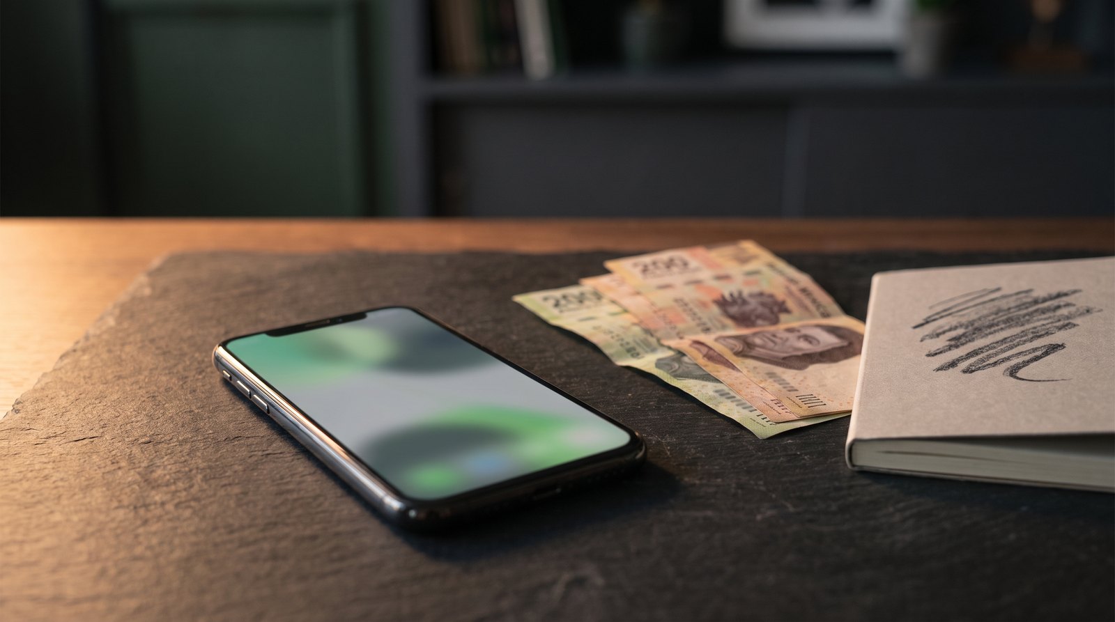 Teléfono, billetes de pesos mexicanos y una libreta sobre un escritorio