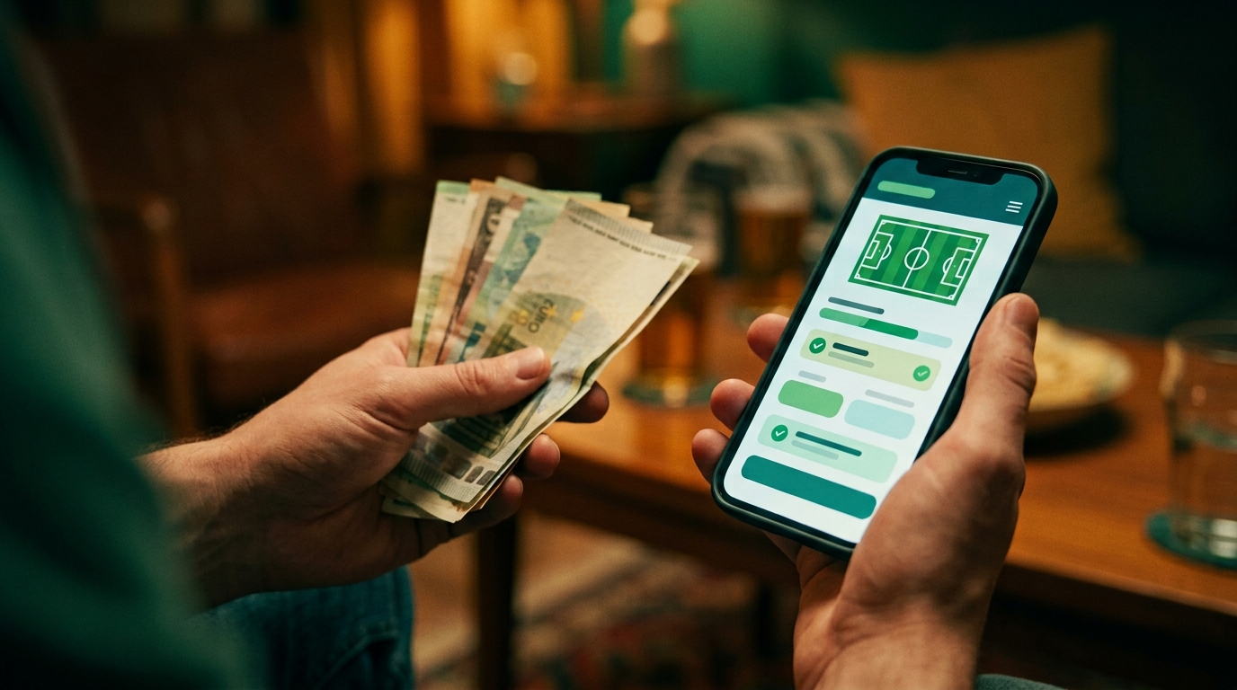 Manos con billetes y un celular mostrando un depósito en una casa de apuestas