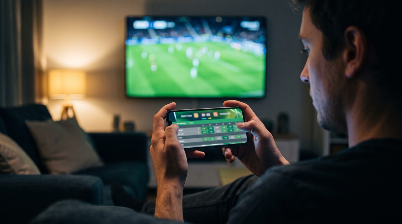 Apostador sigue un partido de futbol en la televisión mientras revisa momios en vivo en el celular