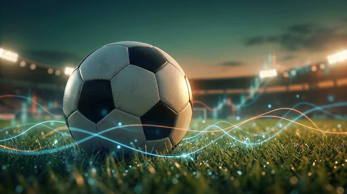 Balón de futbol con líneas de datos brillantes que representan el análisis de apuestas deportivas