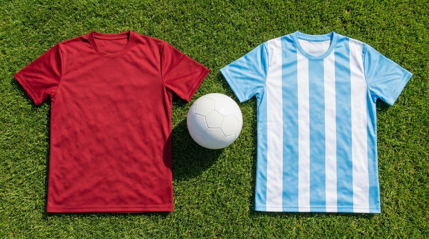 Camiseta roja de España y camiseta a rayas celestes y blancas de Argentina sobre el césped con un balón, previa de la final del Mundial 2026
