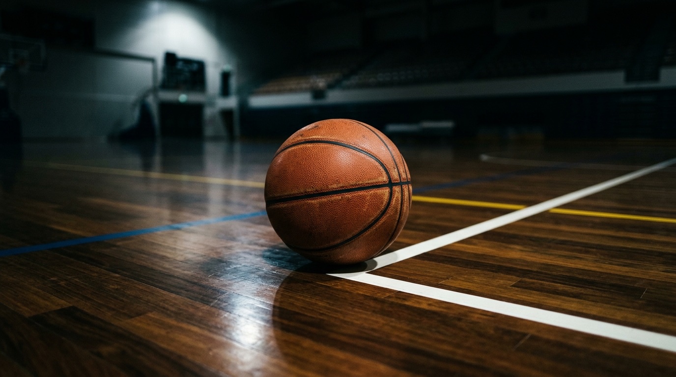 Balón de baloncesto sobre la duela de una cancha