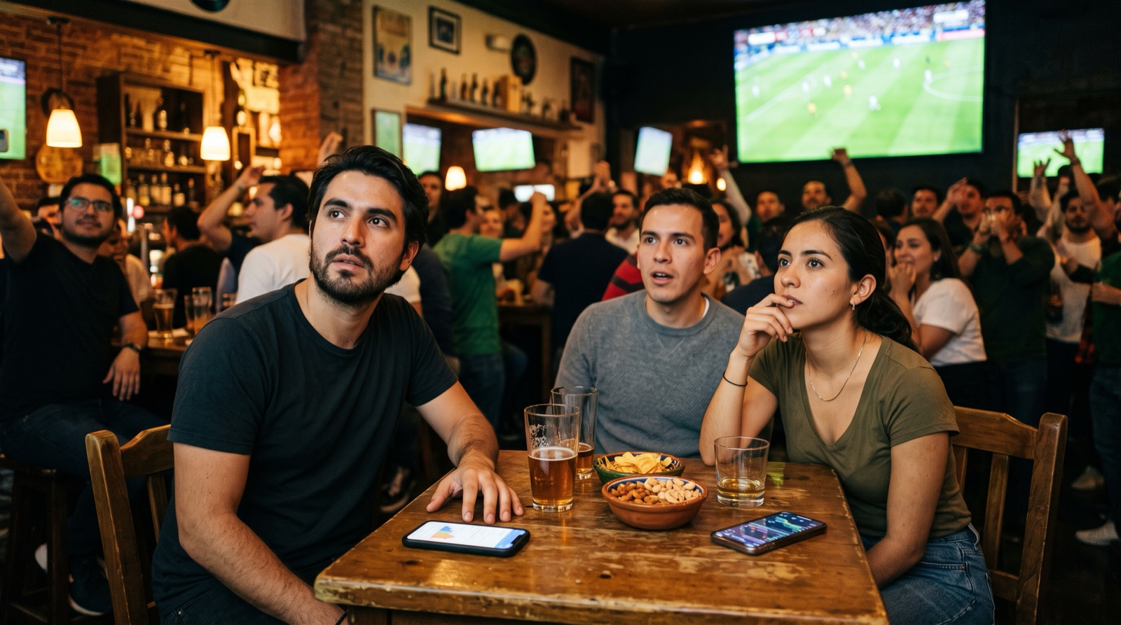 Aficionados siguen un partido de futbol en un bar deportivo en México