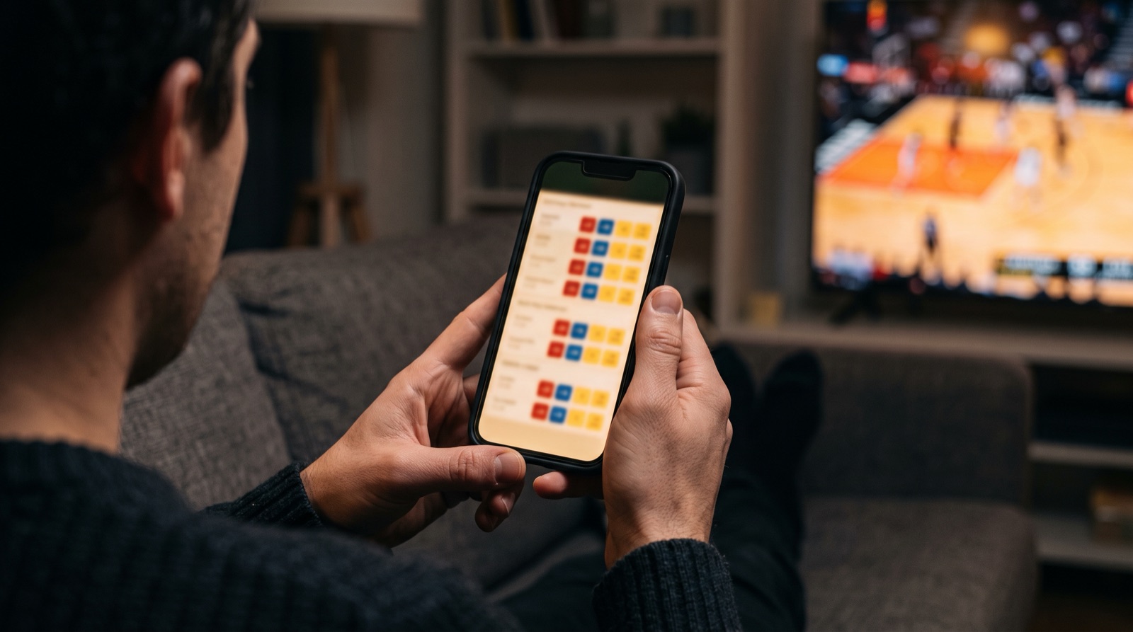 Persona revisa momios de apuestas en el celular mientras ve un partido de basquetbol