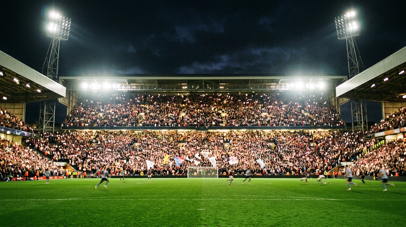 Estadio de futbol de la Liga MX iluminado y lleno de noche