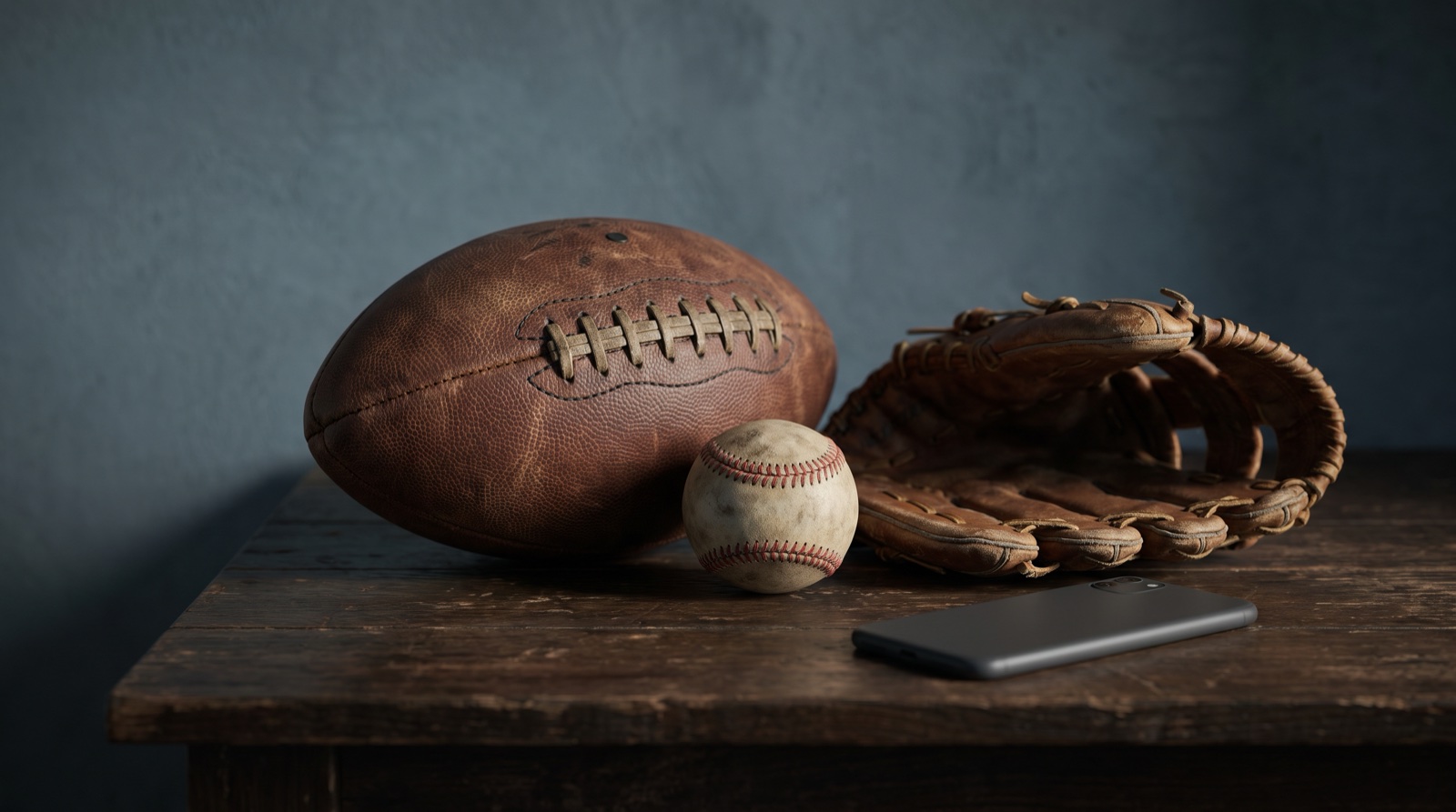 Balón de futbol americano, pelota de beisbol y guante sobre una mesa de madera junto a un celular