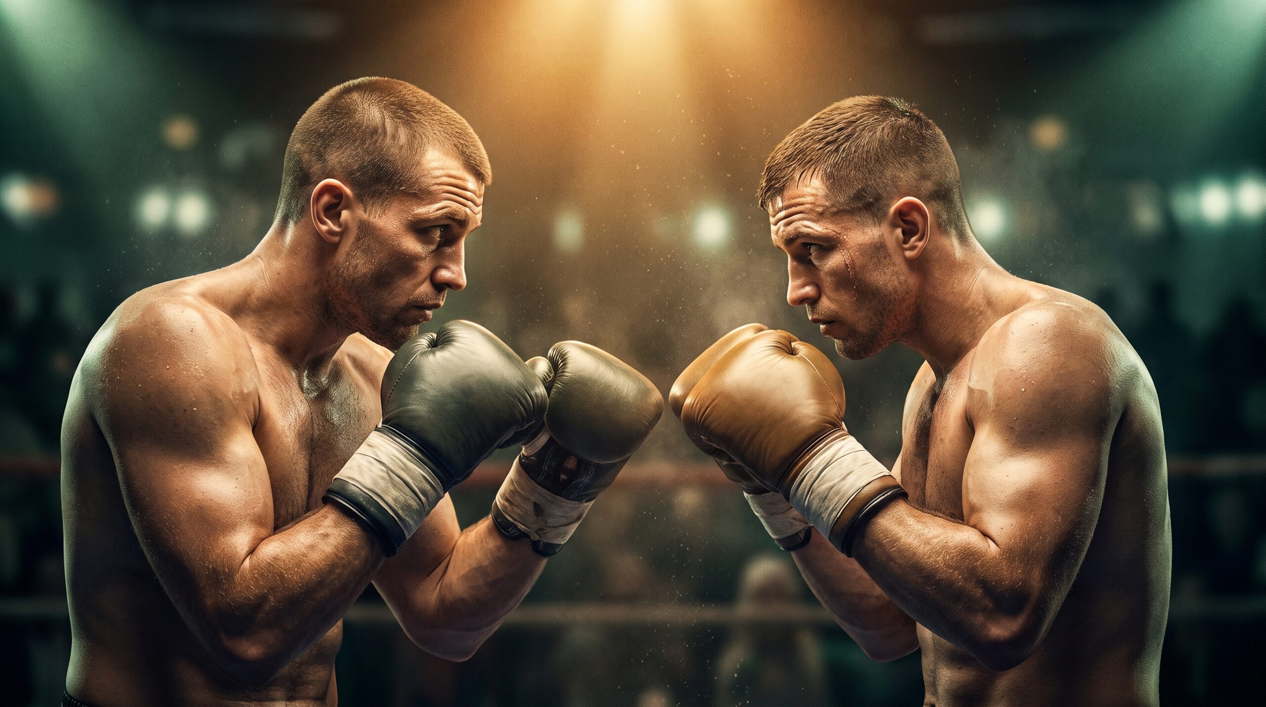 Dos boxeadores frente a frente antes de una pelea, con los guantes en guardia