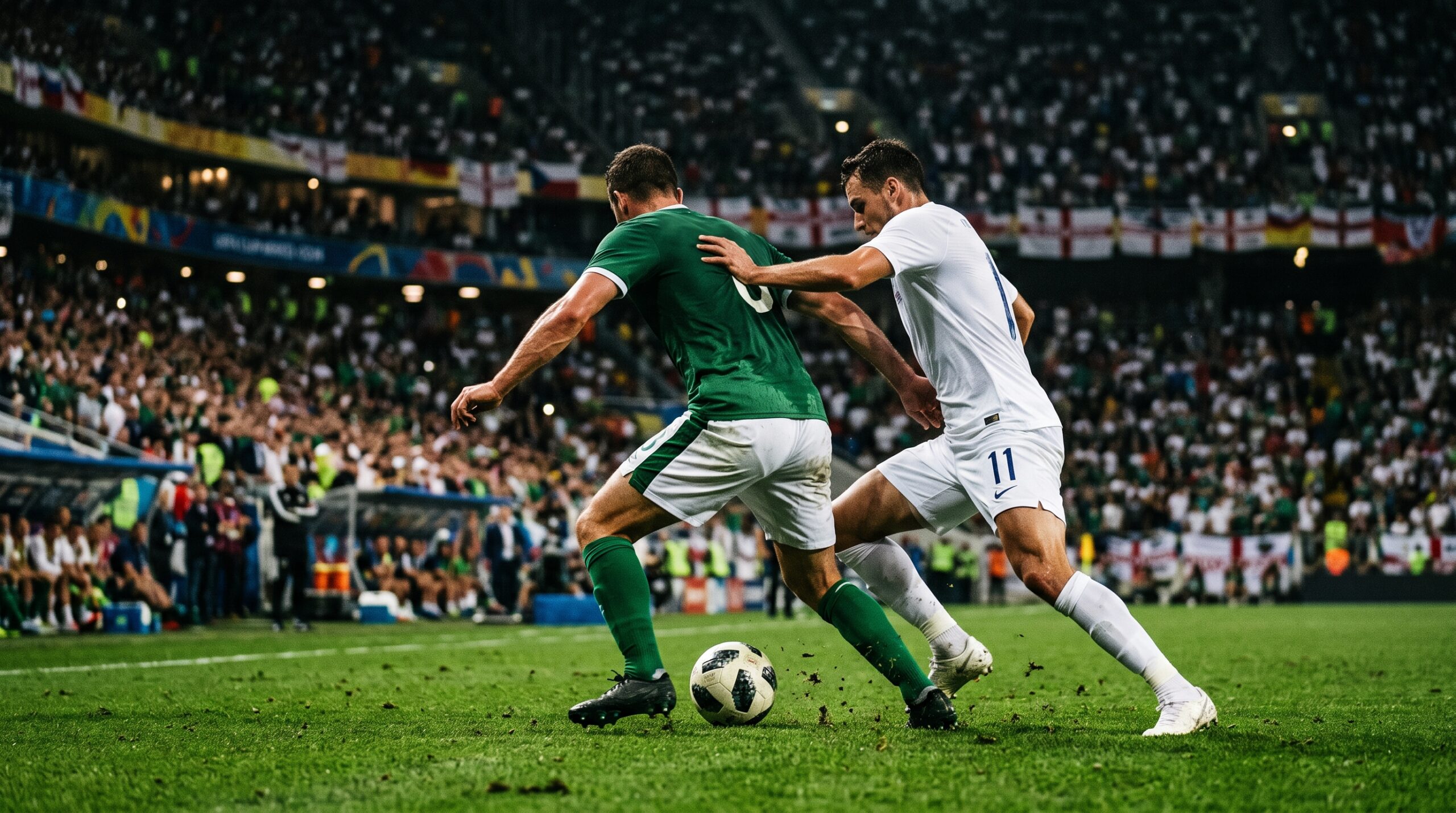 Duelo entre un jugador con playera verde de México y uno de blanco de Inglaterra en un partido nocturno del Mundial 2026