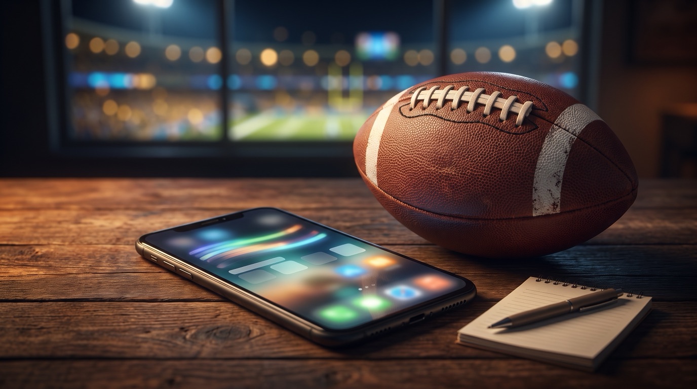 Balón de futbol americano junto a un celular con una app de apuestas abierta, con un estadio iluminado de fondo