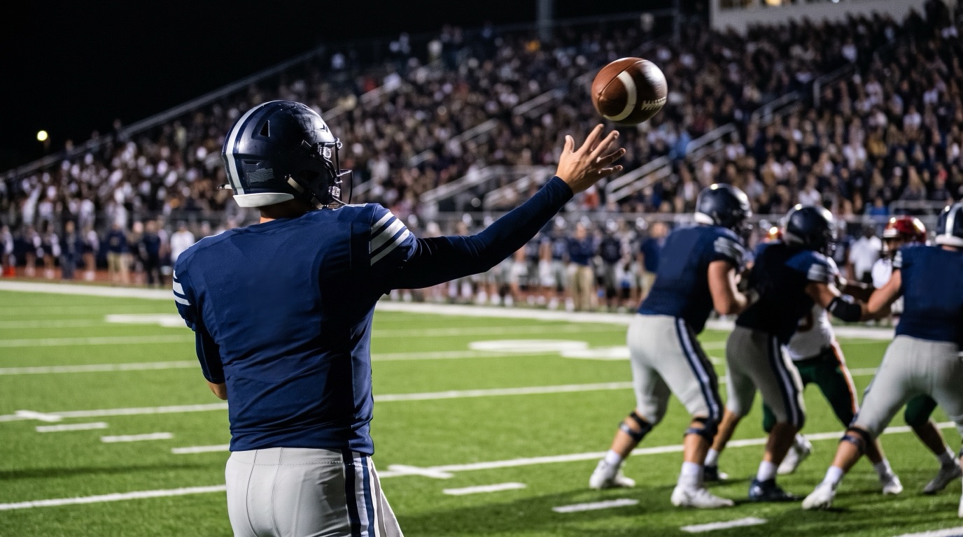 Quarterback lanzando un pase durante un partido nocturno de futbol americano