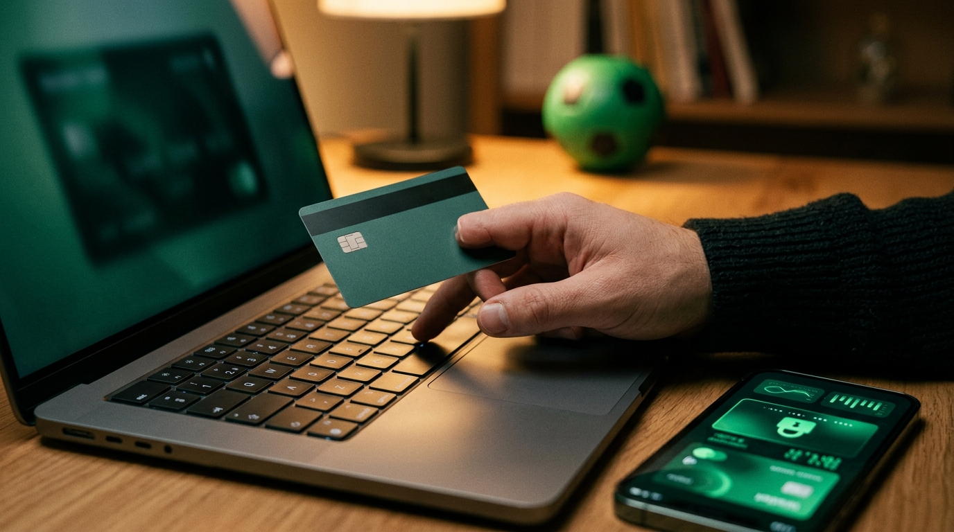 Persona pagando con tarjeta en una casa de apuestas desde su laptop y celular