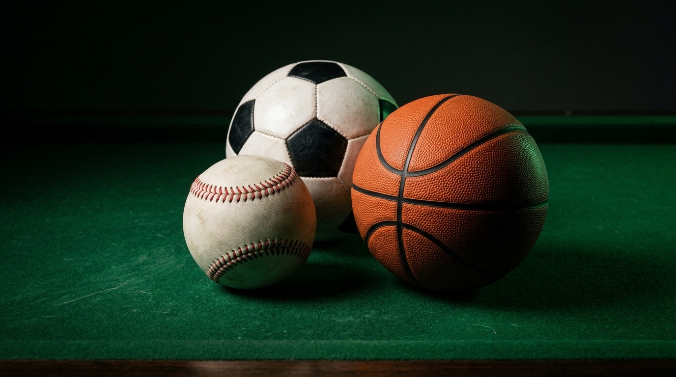 Balón de fútbol, básquetbol y béisbol juntos, símbolo de combinar deportes en un parlay