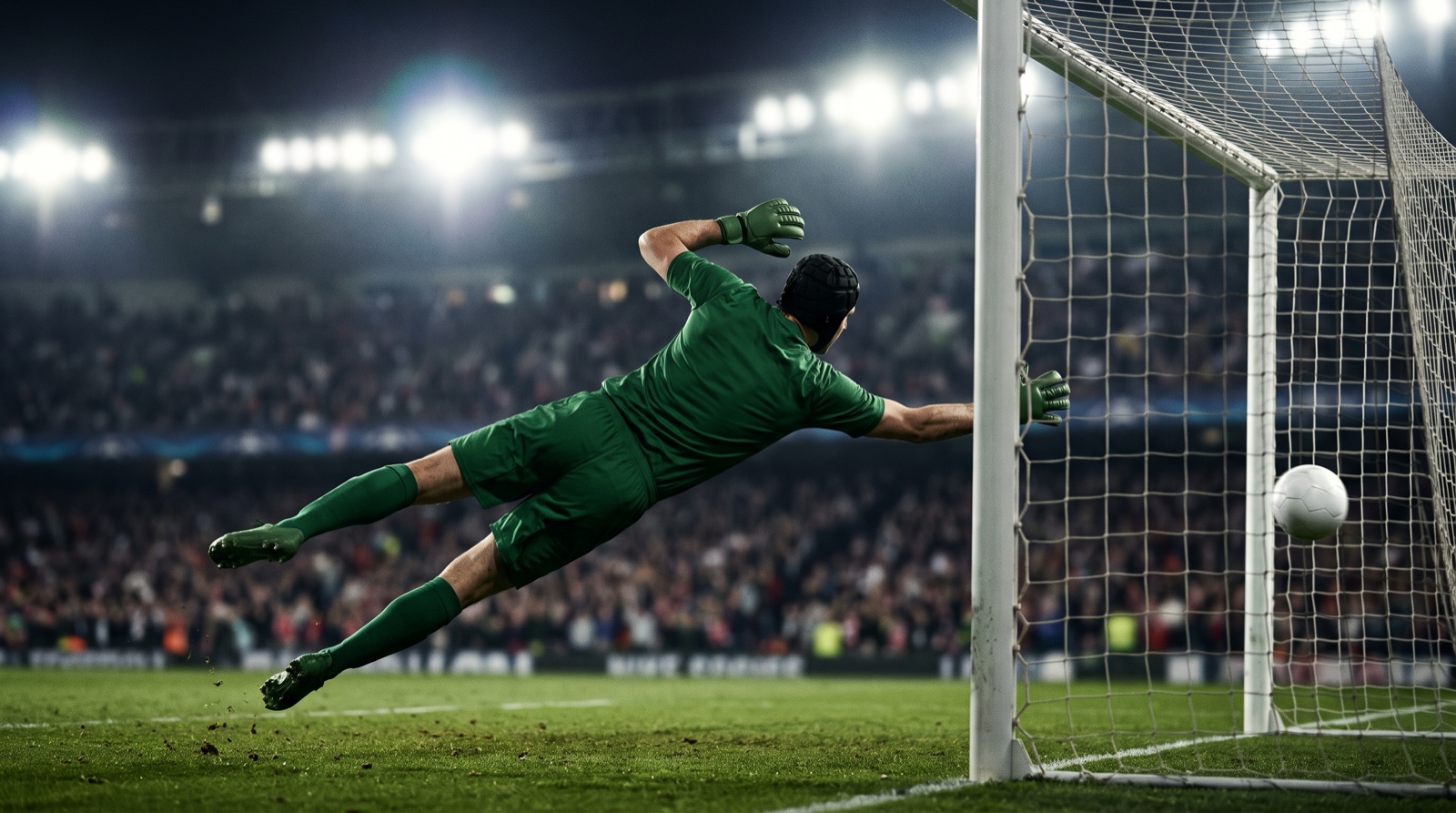 Portero volando para intentar detener un penal en un estadio iluminado de noche
