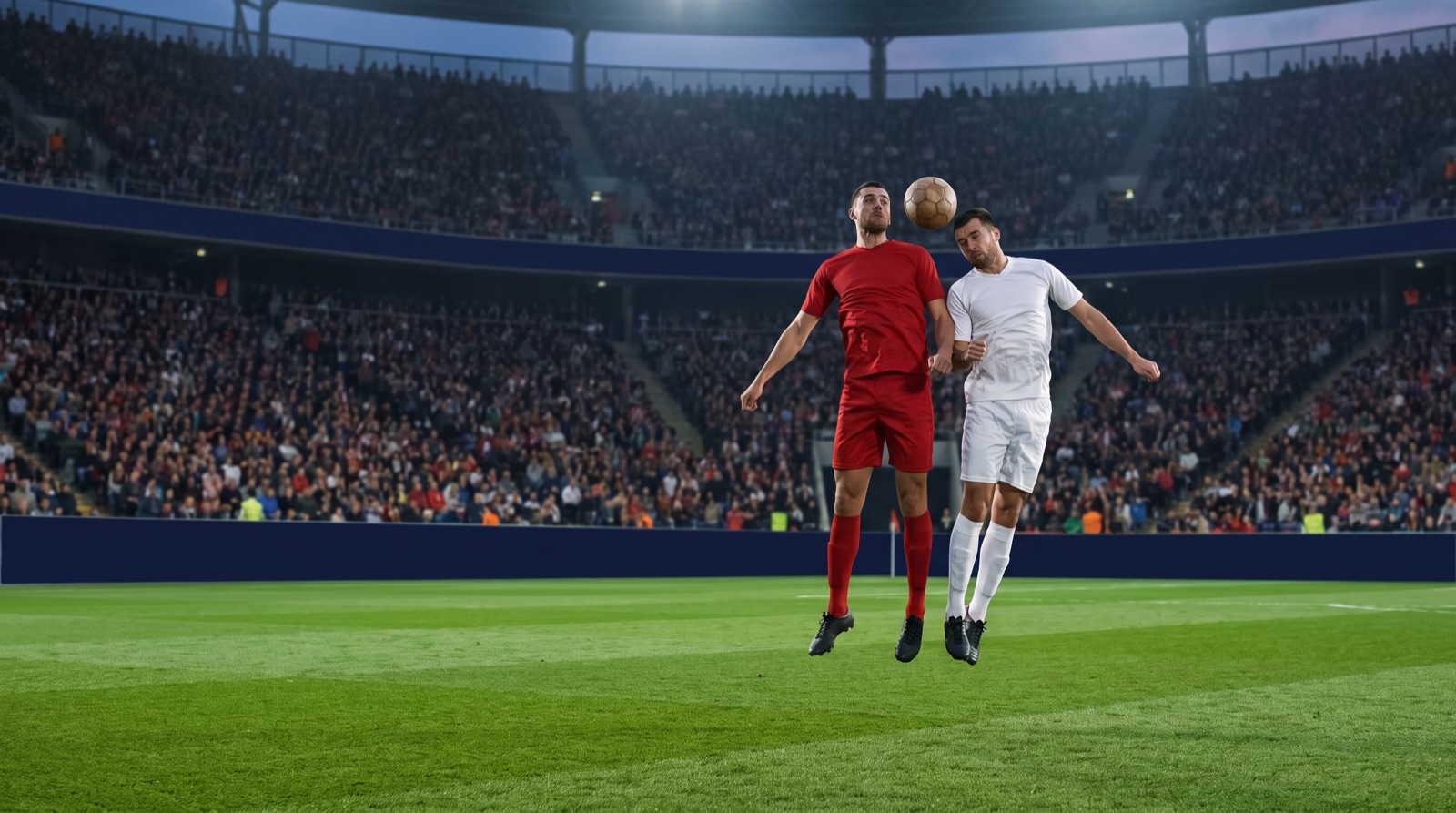 Dos futbolistas disputan un balón por alto en un estadio de la Premier League