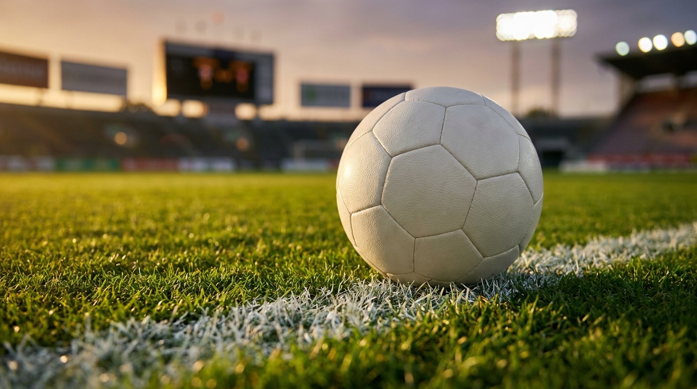 Balón de fútbol sobre la línea del círculo central con el marcador del estadio de fondo