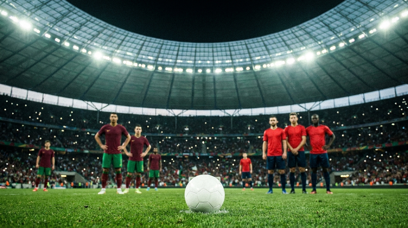 Balón en el punto de penal con jugadores de Portugal y España al fondo en un estadio techado del Mundial 2026
