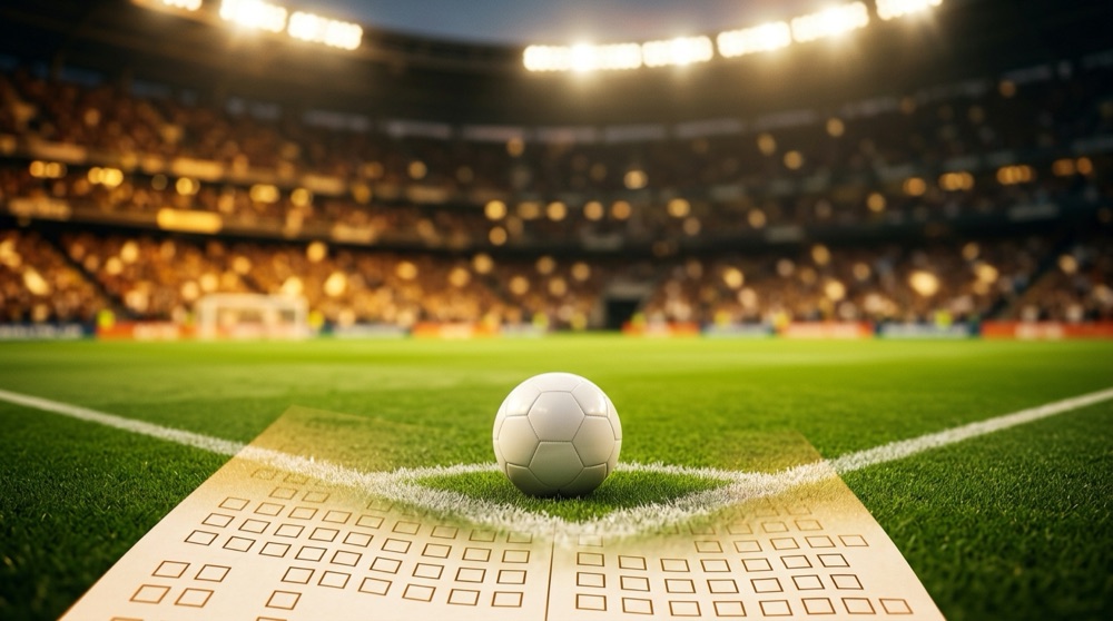 Balón sobre el césped de un estadio iluminado y un boleto de quiniela Progol, semifinales del Mundial 2026