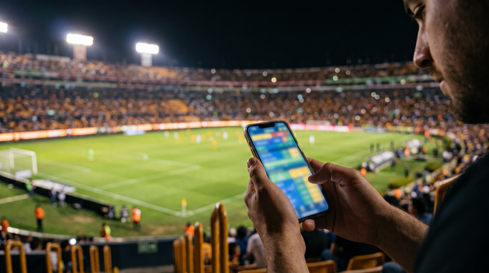 Aficionado consulta momios en su celular durante un partido en un estadio de México