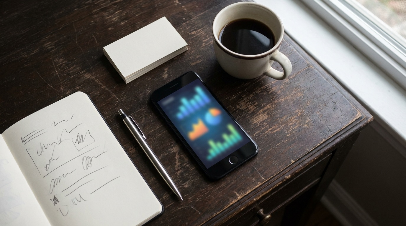 Teléfono con app de análisis deportivo, libreta y café sobre un escritorio