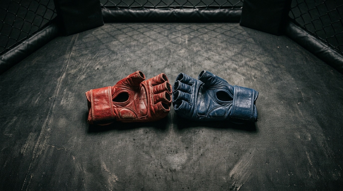Guantes de MMA rojo y azul frente a frente, símbolo de un enfrentamiento
