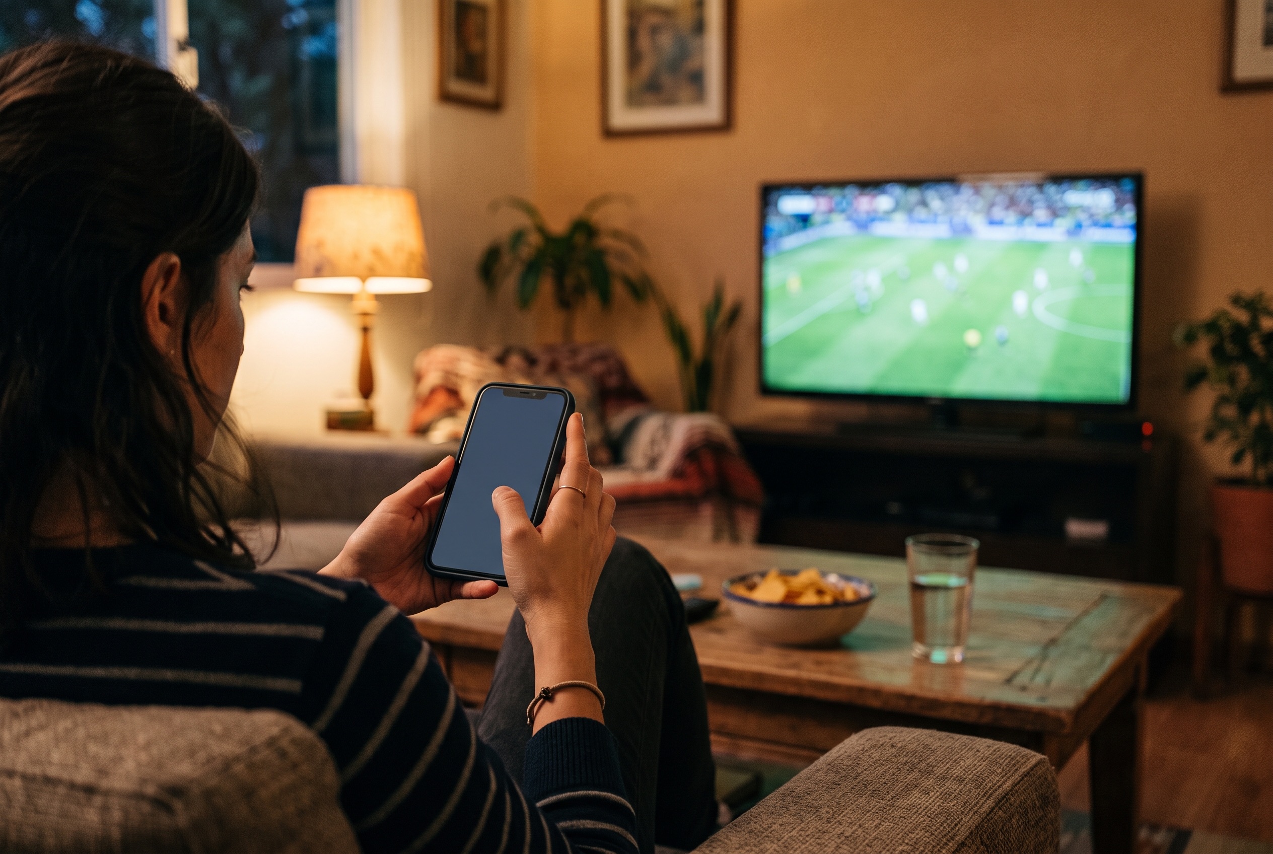 Aficionada revisa el celular en la sala mientras ve un partido de futbol por television