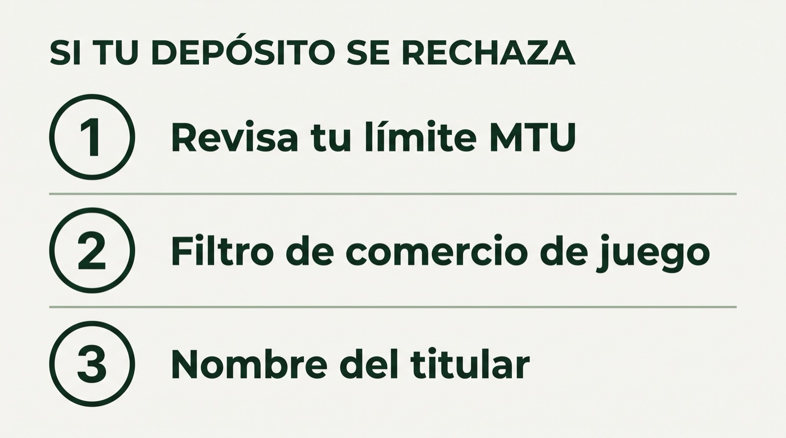 Tres cosas que revisar si tu depósito se rechaza: el límite MTU, el filtro de comercio de juego y el nombre del titular