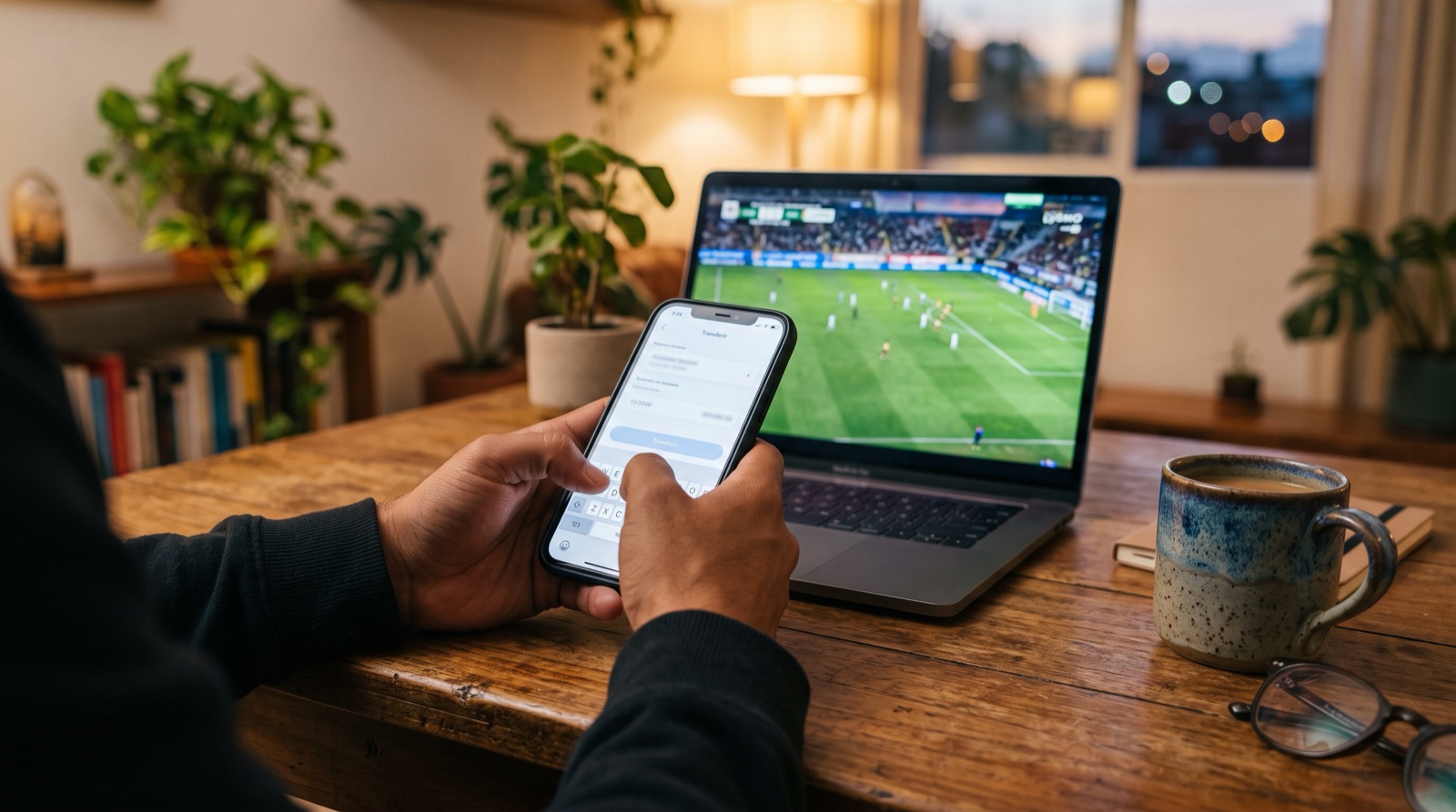 Persona captura una transferencia bancaria en el celular mientras ve un partido de futbol en la laptop