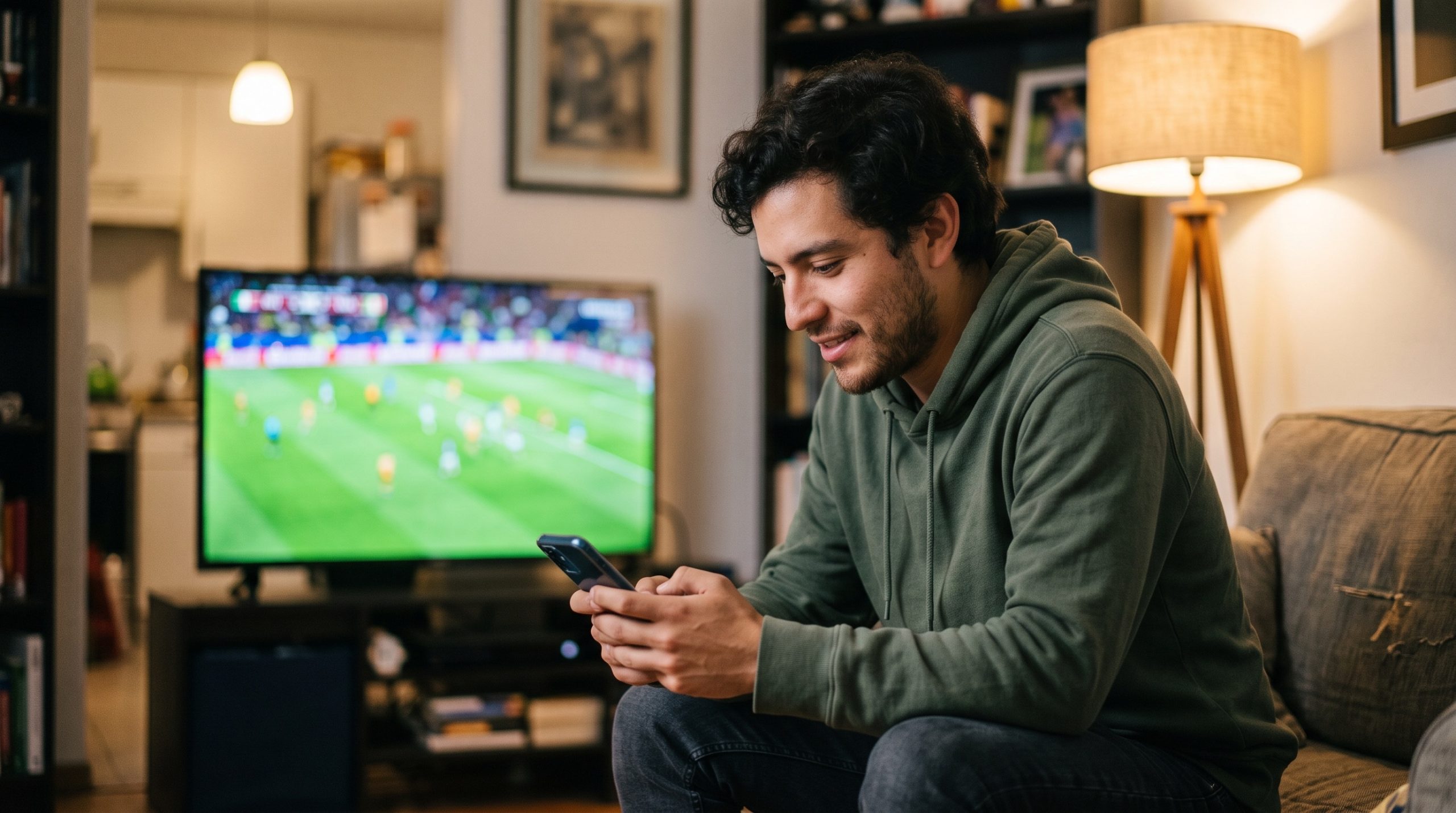Aficionado mexicano revisa su telefono mientras ve un partido de futbol en casa