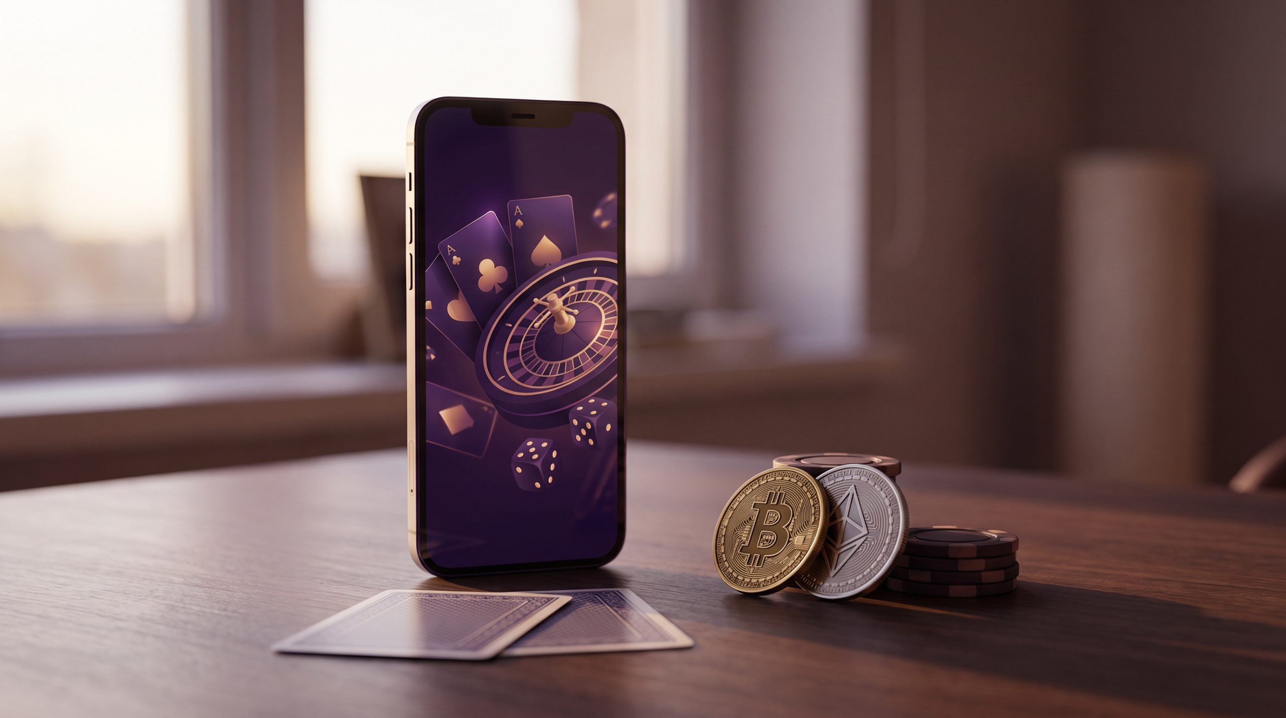 Celular con interfaz de casino junto a monedas de bitcoin y ethereum y fichas de casino