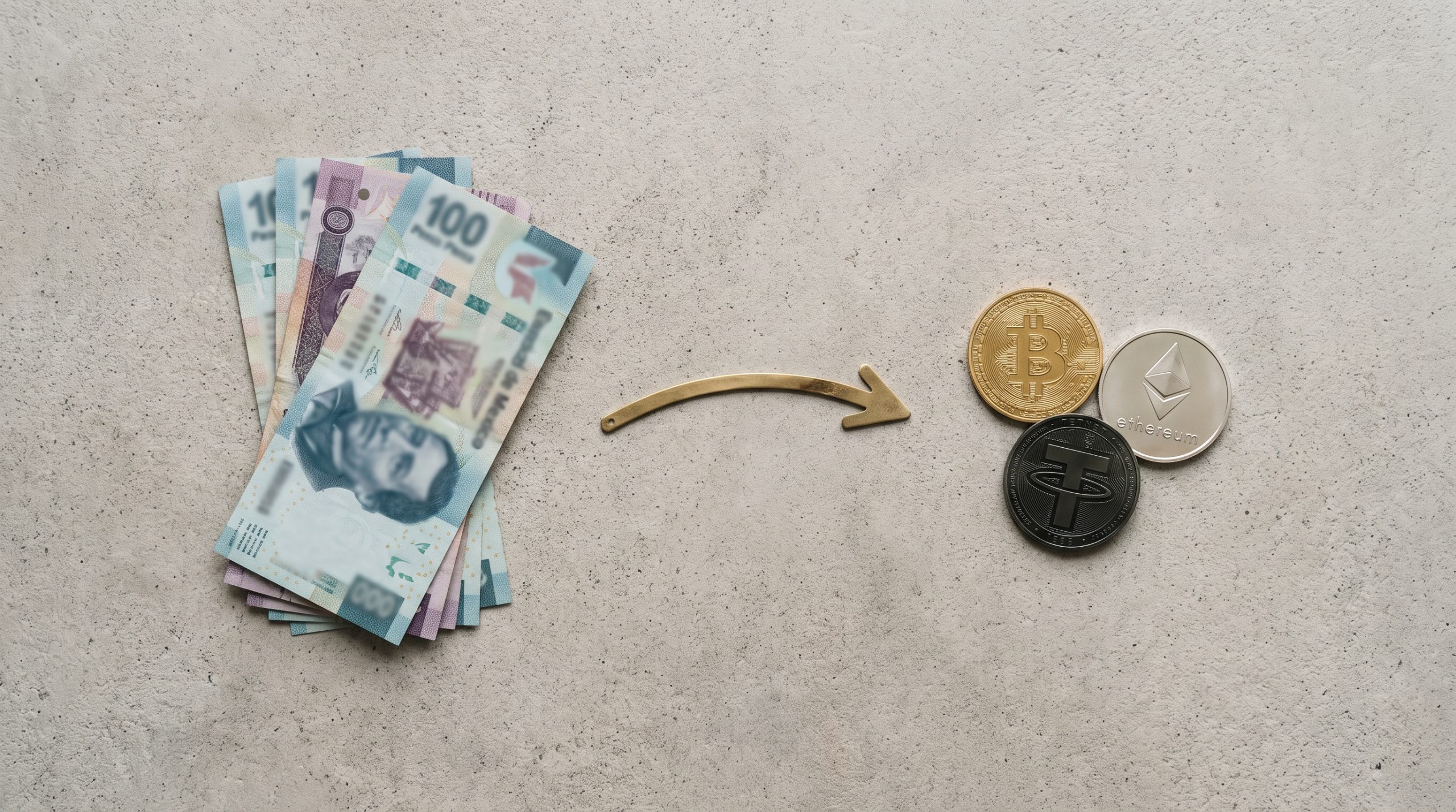 Billetes de pesos mexicanos y monedas de criptomonedas con una flecha que indica la conversion
