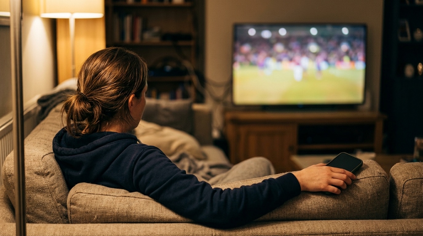 Persona viendo un partido de futbol en la television desde el sillon de su casa