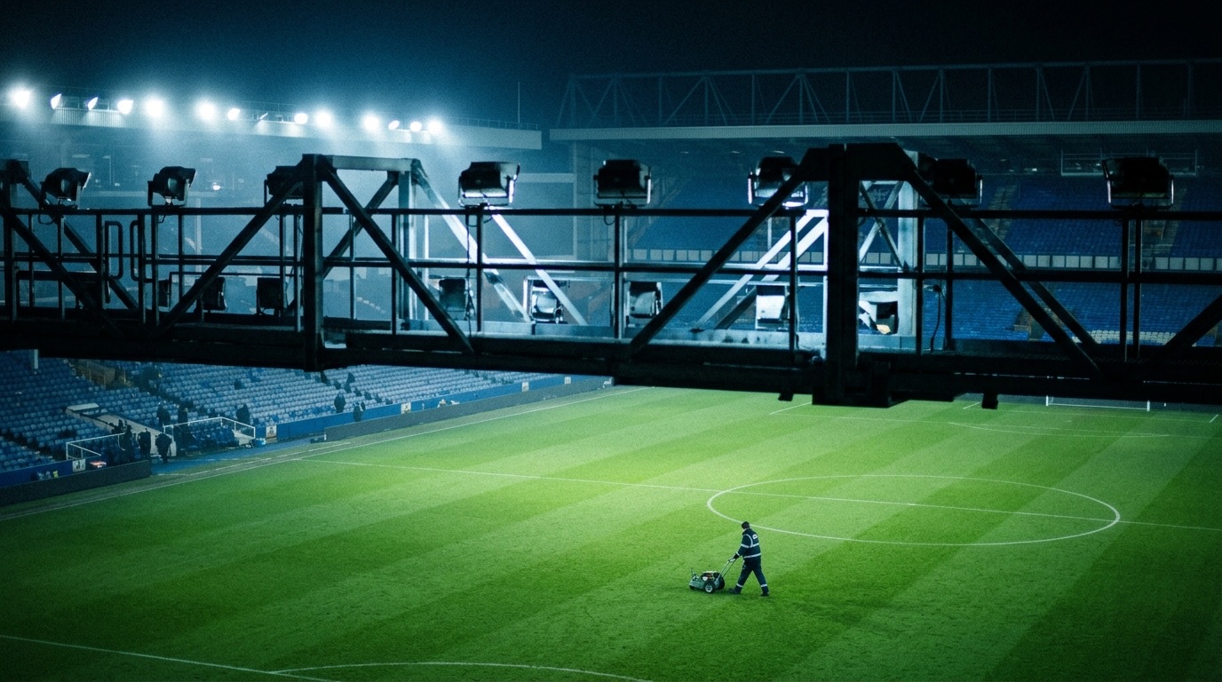 Estadio de futbol iluminado de noche con las gradas vacias antes de un partido entre semana